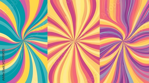 Retro twisted and distorted vector groovy hippie background set Waves, swirl, stripe, ray, and twirl pattern Vintage set backgrounds in trendy retro psychedelic Vector illustration