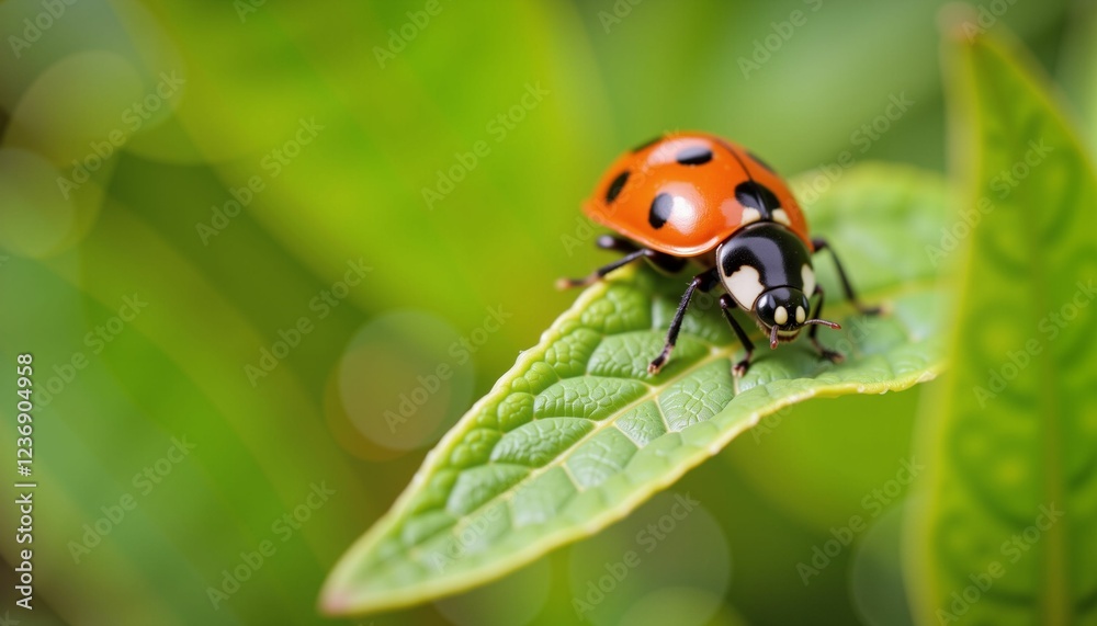 Vibrant ladybug crawling on green leaf in spring garden, nature's beauty Vibrant ladybug crawling on green leaf in spring garden, nature's beauty