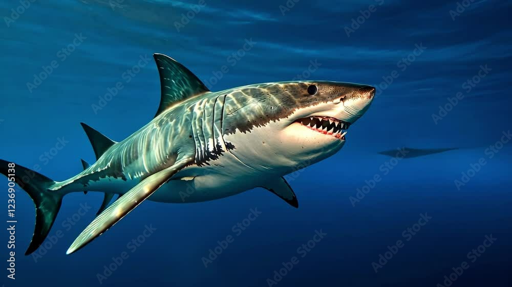 A large white shark approaching at a slight angle shows its enormous size against a backdrop of deep blue ocean. A large white shark approaching at a slight angle shows its enormous size against a backdrop of deep blue ocean.
