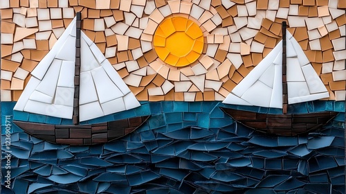 Mosaic artwork depicting two sailboats against a vibrant sun and ocean background in a coastal setting