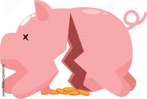 Pink piggy bank cracking and losing coins, illustrating financial crisis and economic hardship