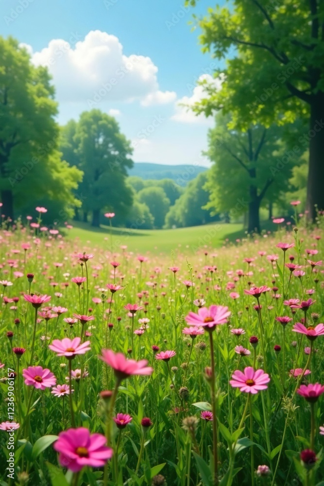 A field of pink wildflowers sways in the gentle breeze amidst a lush green meadow and towering trees, blossoms, nature A field of pink wildflowers sways in the gentle breeze amidst a lush green meadow and towering trees, blossoms, nature