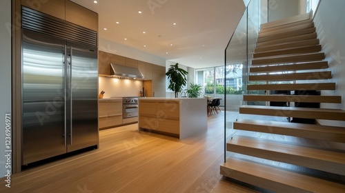 Modern Kitchen and Floating Staircase Interior Design