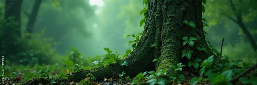 Fototapeta premium Dark green creeper vines curled around a decaying tree trunk in a misty environment, decay, overgrown