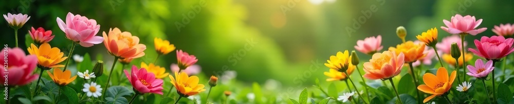 Spring garden with blooming flowers and greenery, spring, garden Spring garden with blooming flowers and greenery, spring, garden