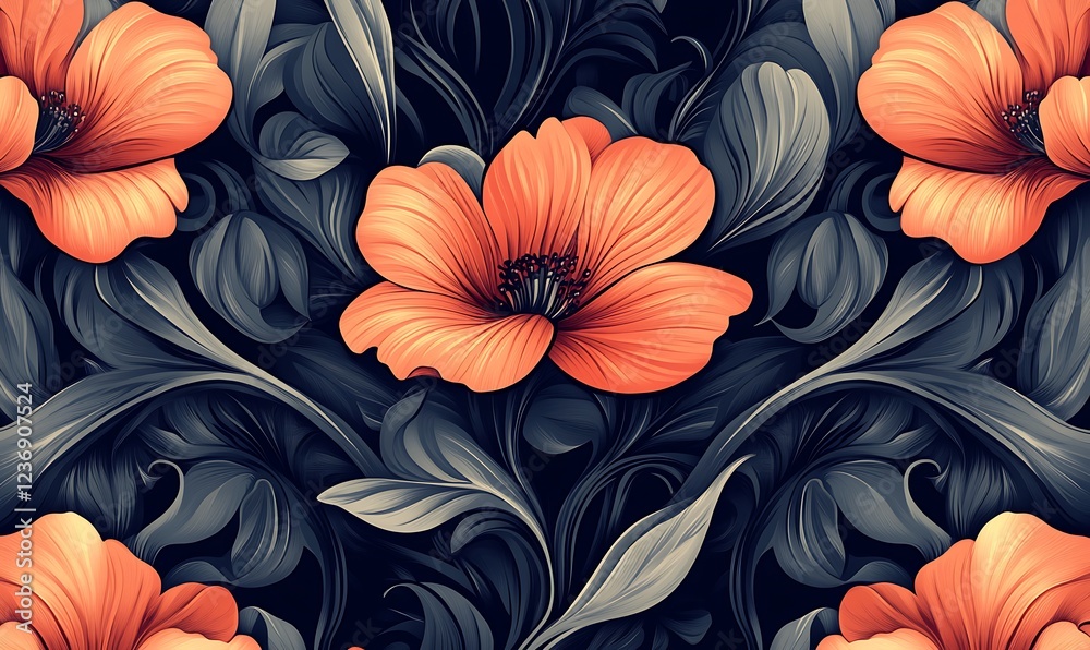 Seamless pattern with orange flowers and dark gray leaves. Seamless pattern with orange flowers and dark gray leaves.