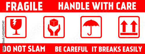 Fragile or Package Label stickers set. (Fragile, Handle with Care, This Way Up, Keep Dry). black in color and brown background. Square format.