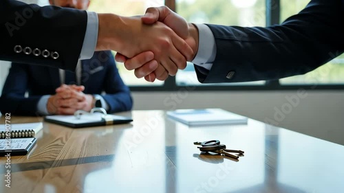  A close-up shot of a handshake between two professionals, symbolizing partnership and agreement in a business setting.