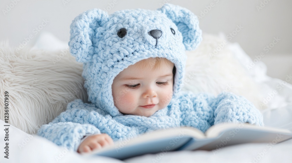 Baby in knitted animal costume reading book in bed Baby in knitted animal costume reading book in bed