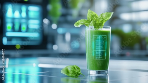 Green Smoothie in Modern Lab Setting - A refreshing green smoothie sits on a counter in a modern laboratory setting, with a digital nutritional display. photo