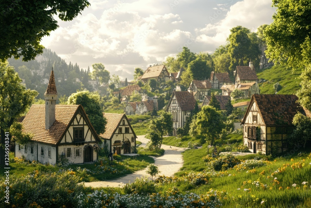 Serene village nestled in lush greenery during a bright afternoon in a tranquil landscape