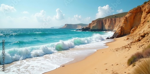 A desolate, rocky coastline with waves crashing against the shore, harsh environment, aridity, sandy dunes