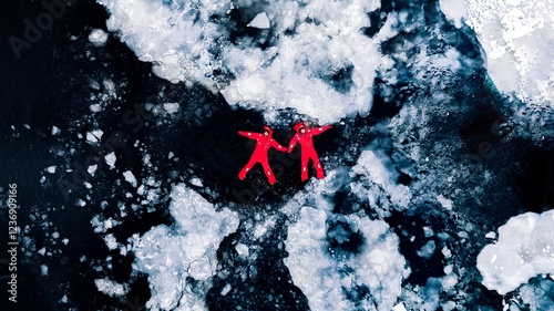 Aerial view of two people ice floating on icy water in bright red survival suits. Arctic frozen landscape. Extreme adventure, ice diving, cold water survival, winter expedition. Fun, outdoor activity