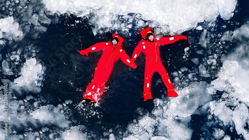 Aerial view of two people ice floating on icy water in bright red survival suits. Arctic frozen landscape. Extreme adventure, ice diving, cold water survival, winter expedition. Fun, outdoor activity