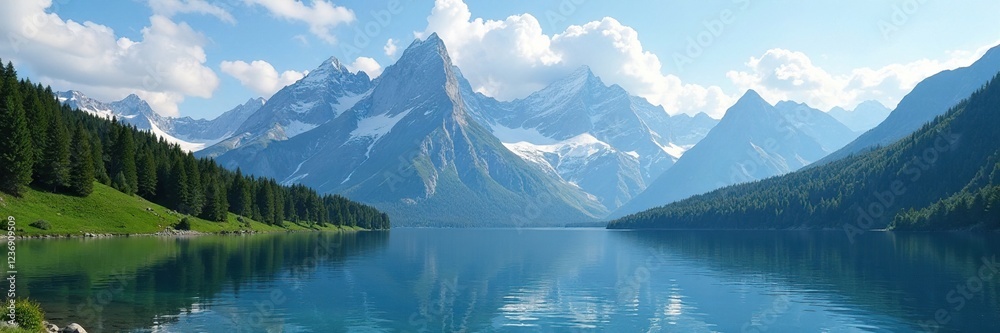 Mountain peaks tower above a serene alpine lake, alpine, , tranquility Mountain peaks tower above a serene alpine lake, alpine, , tranquility