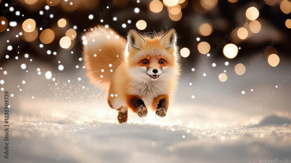 Obraz premium A charming little fox leaps joyfully through the soft, glistening snow, surrounded by twinkling lights in a serene winter forest