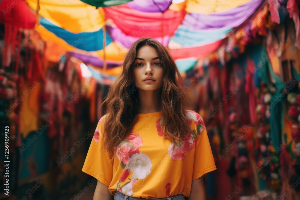 A woman in a yellow floral shirt stands in front of a colorful tent A woman in a yellow floral shirt stands in front of a colorful tent