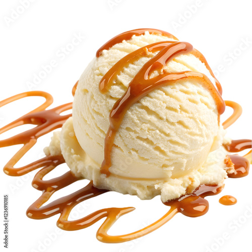 Tasty ice cream ball with caramel sauce on white background