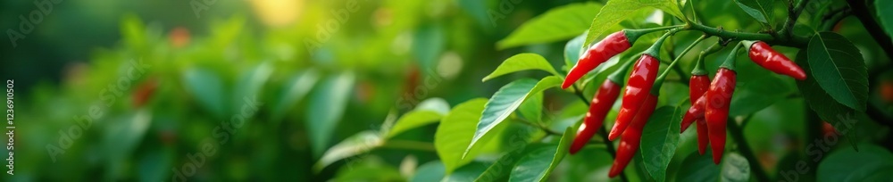 Fiery red chilies cling to lush green bush branches, flowers, hot chilies, botanical garden Fiery red chilies cling to lush green bush branches, flowers, hot chilies, botanical garden