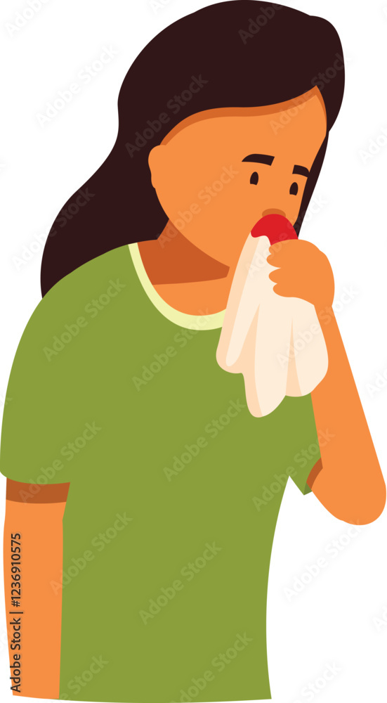 Sick woman holding tissue on her nose because of nosebleed, healthcare and medical concept Sick woman holding tissue on her nose because of nosebleed, healthcare and medical concept
