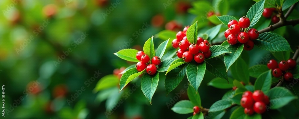 Mature bearberry shrub with dense foliage and red berries, botanical, , evergreen Mature bearberry shrub with dense foliage and red berries, botanical, , evergreen