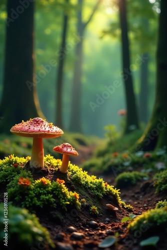 Forest ecosystem with wild mushrooms and lichen, flora, europes photo