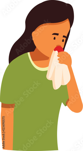 Sick woman holding tissue on her nose because of nosebleed, healthcare and medical concept