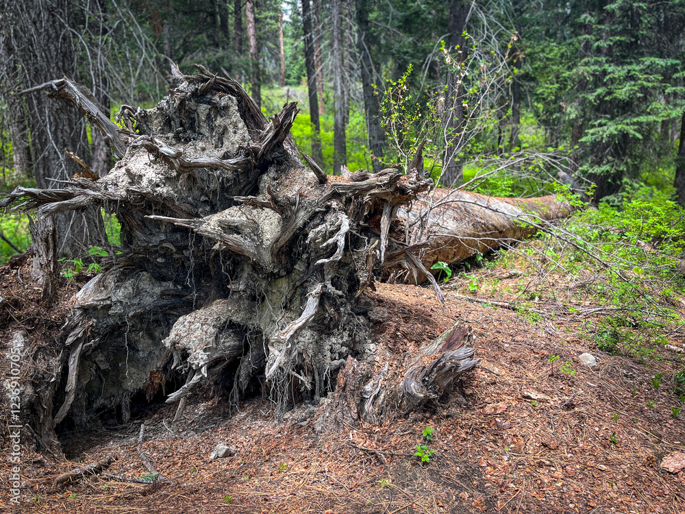 Root system of fallen is exposed as it falls across hiking path in Idaho forest Root system of fallen is exposed as it falls across hiking path in Idaho forest
