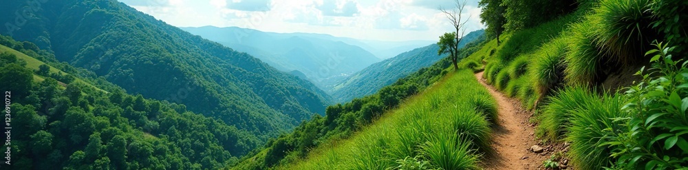 Steep hillside trail winding through dense foliage, greenery, valley, hills Steep hillside trail winding through dense foliage, greenery, valley, hills