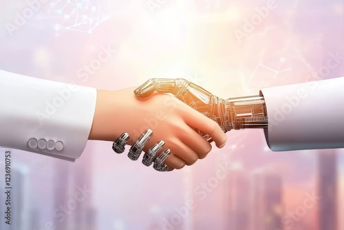 Human and Robot Collaboration - A human hand shakes a robotic hand, symbolizing collaboration between humans and AI in business and technology.