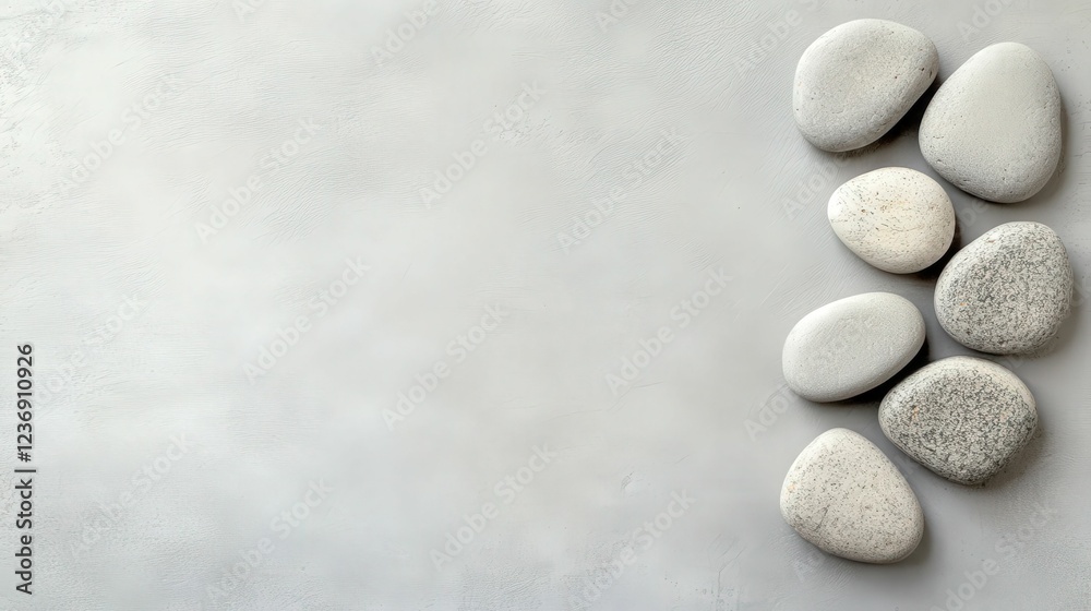 smooth grey stone placed on a textured light surface, natural and minimalist