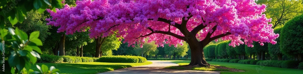 Jacaranda tree in full bloom with a garden path under it, foliage, trees, fresh Jacaranda tree in full bloom with a garden path under it, foliage, trees, fresh
