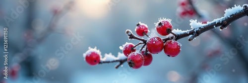 Frosted red berries cling to bare branches in the cold, seasonal, frost, ice