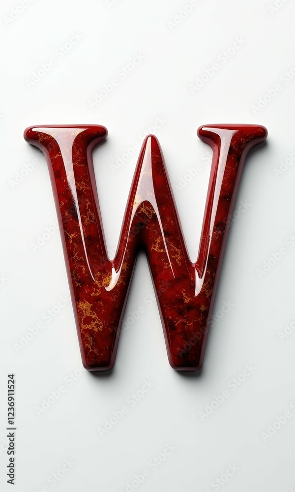 Elegant letter or number designed with a glossy, marble-like texture featuring deep red tones and intricate golden veins. The polished finish and refined details create a luxurious, sophis