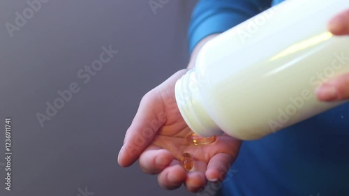 Hand taking vitamins, omega 3, magnesium