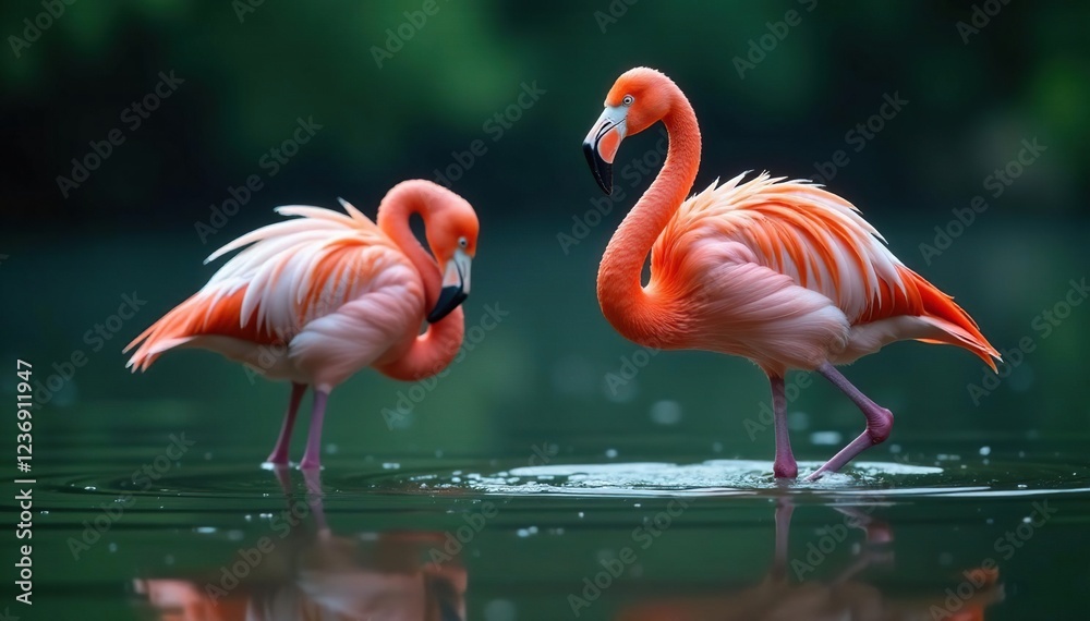 Flamingo's delicate feathers dance with water droplets, calm, reflections Flamingo's delicate feathers dance with water droplets, calm, reflections