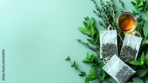 Herbal Tea Ingredients with Fresh Herbs and Tea Bags on Green Background