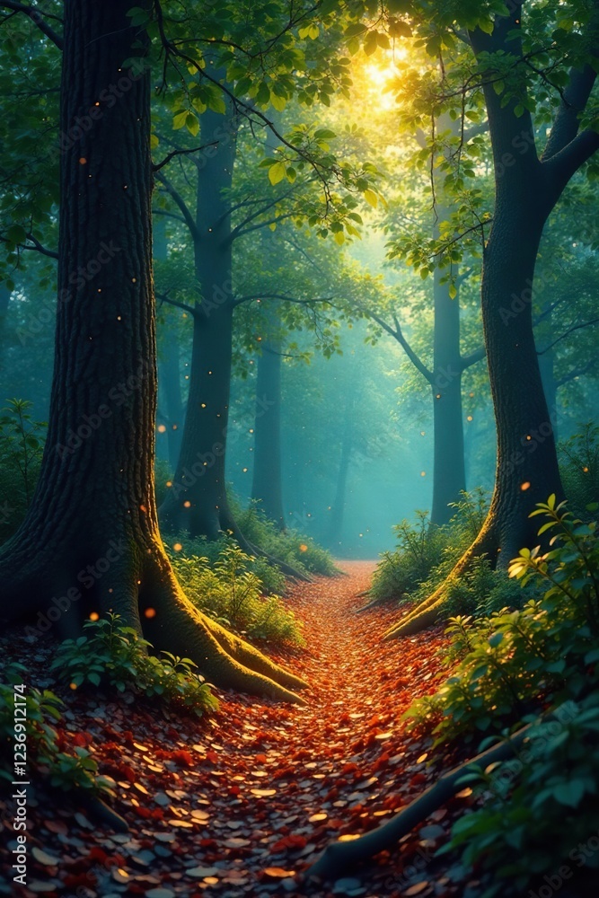 Obraz premium Shimmering forest floor with sparkly leaves and glowing tree bark, forest floor, glowing foliage