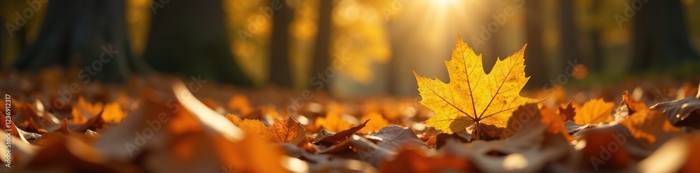 Crisp golden leaf falls gently on forest floor, autumn leaves, autumn colors, forest landscape Crisp golden leaf falls gently on forest floor, autumn leaves, autumn colors, forest landscape