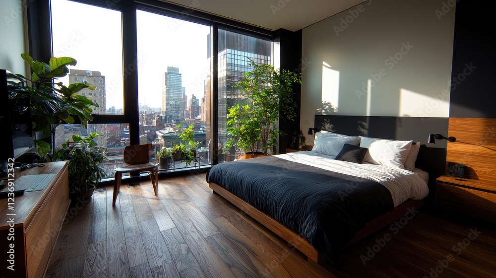 Fototapeta premium Modern bedroom with city view, sunrise, plants