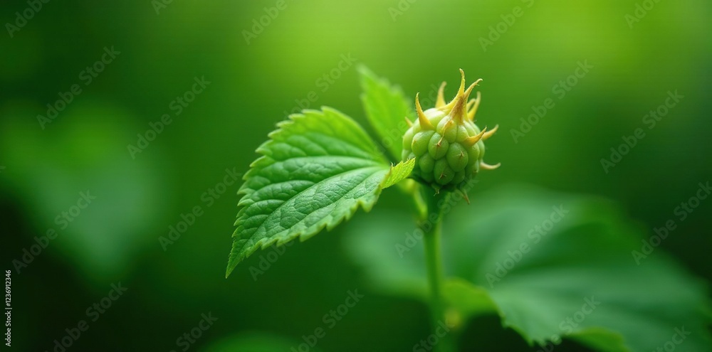 delicate green leaf unfolding from raspberry stem, leaf, nature delicate green leaf unfolding from raspberry stem, leaf, nature