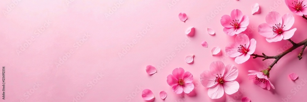 Obraz premium Delicate cherry blossom petals scattered on pink paper background, nature, texture, gentle