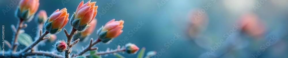 Pastel orange buds unfurl on blue frosted stems, botanicals, Pastel orange buds unfurl on blue frosted stems, botanicals,