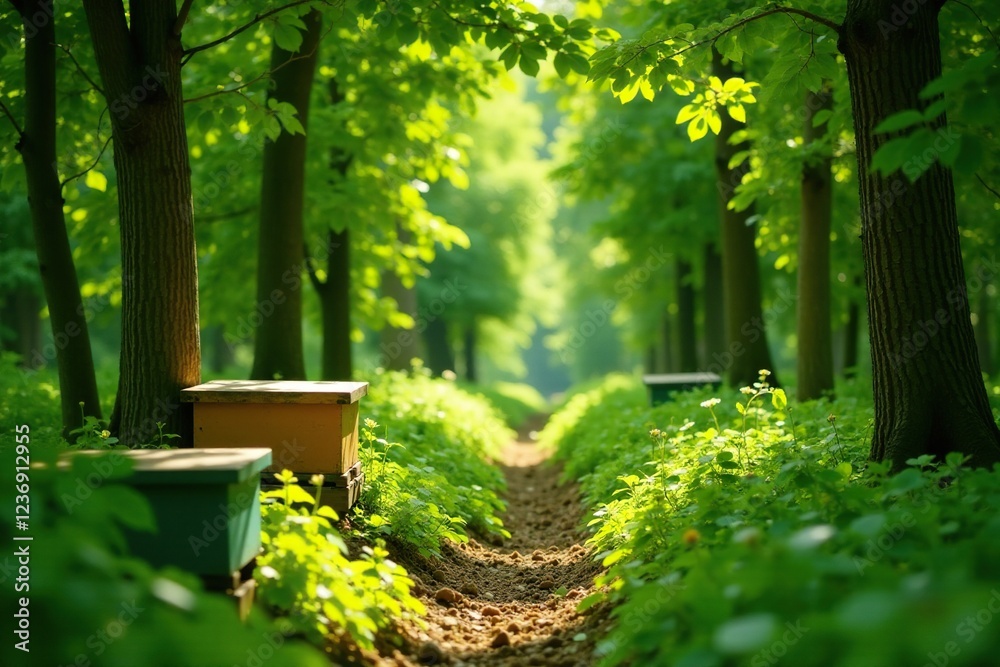 Beekeeping boxes amidst rubber trees' green canopy, tree, biodiversity Beekeeping boxes amidst rubber trees' green canopy, tree, biodiversity