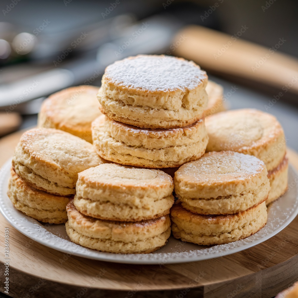 Freshly baked scones dusted with powdered sugar Freshly baked scones dusted with powdered sugar