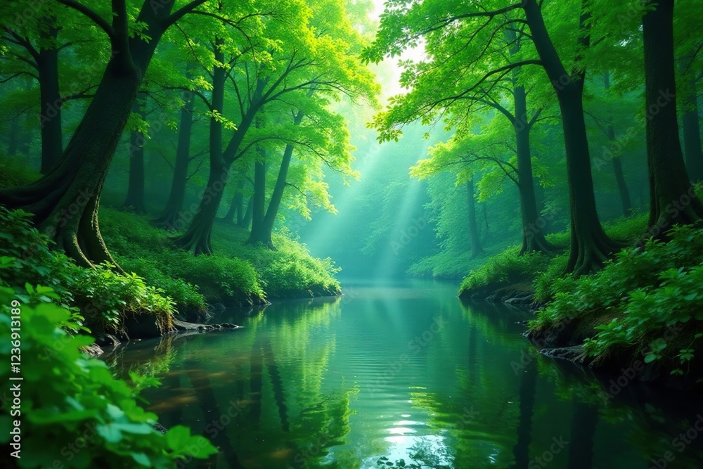 Fototapeta premium Dense forest foliage surrounds a gentle river, nature, water