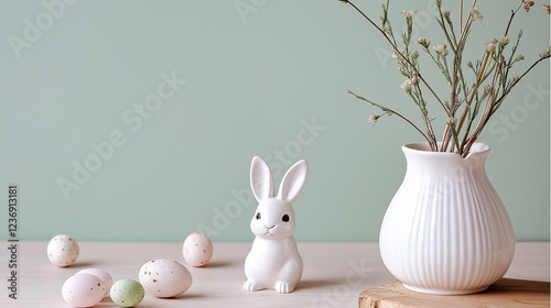 easter, toy rabbit figurine and ceramic egg on a plain background, minimalist image on the theme of Easter photo