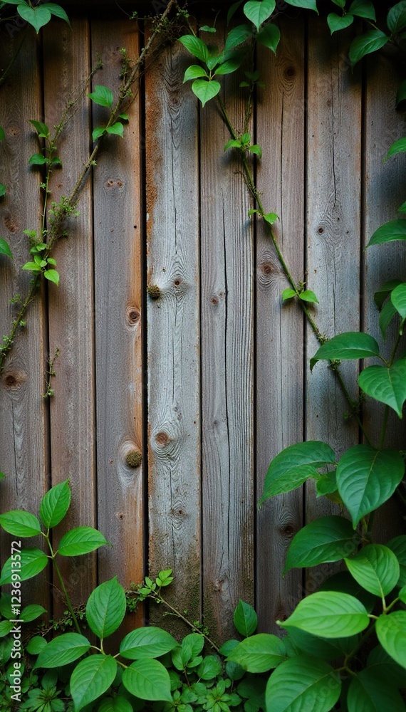 Obraz premium Weathered wooden wall with moss and lichen growing on it, climbing plants, vines, wooden walls