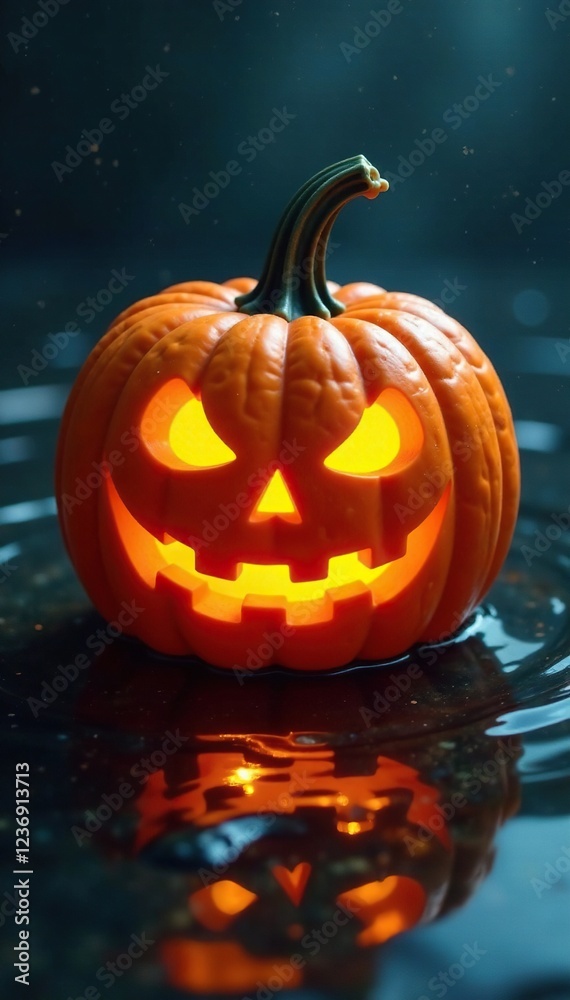 Carved jack-o-lantern submerged in swirling liquid, orange, glowing Carved jack-o-lantern submerged in swirling liquid, orange, glowing