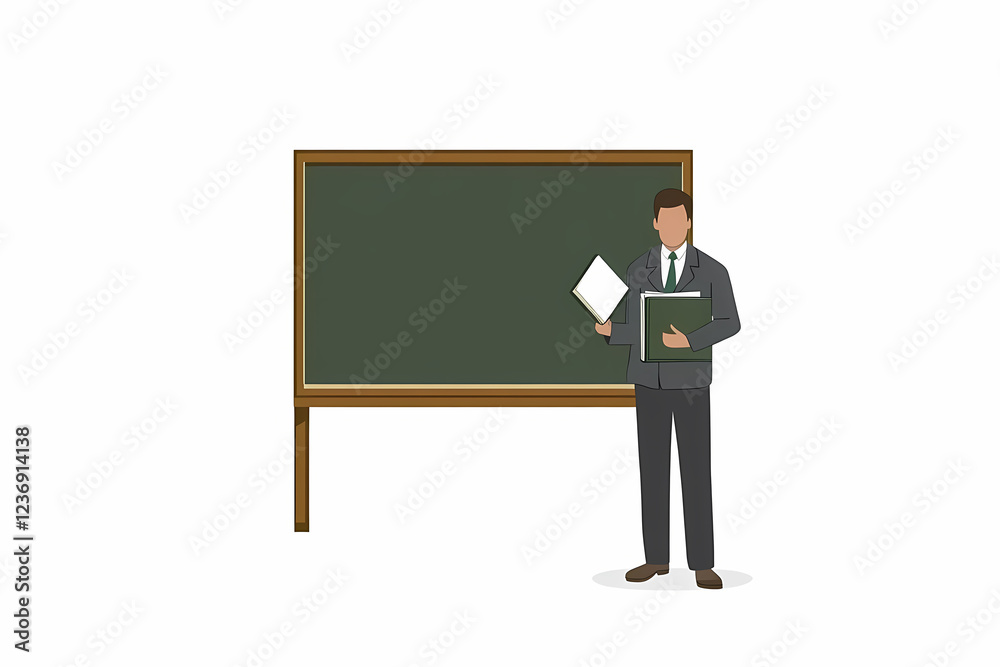 A teacher giving a presentation in a classroom, writing on a blackboard with office supplies. Education and job concept. A teacher giving a presentation in a classroom, writing on a blackboard with office supplies. Education and job concept.